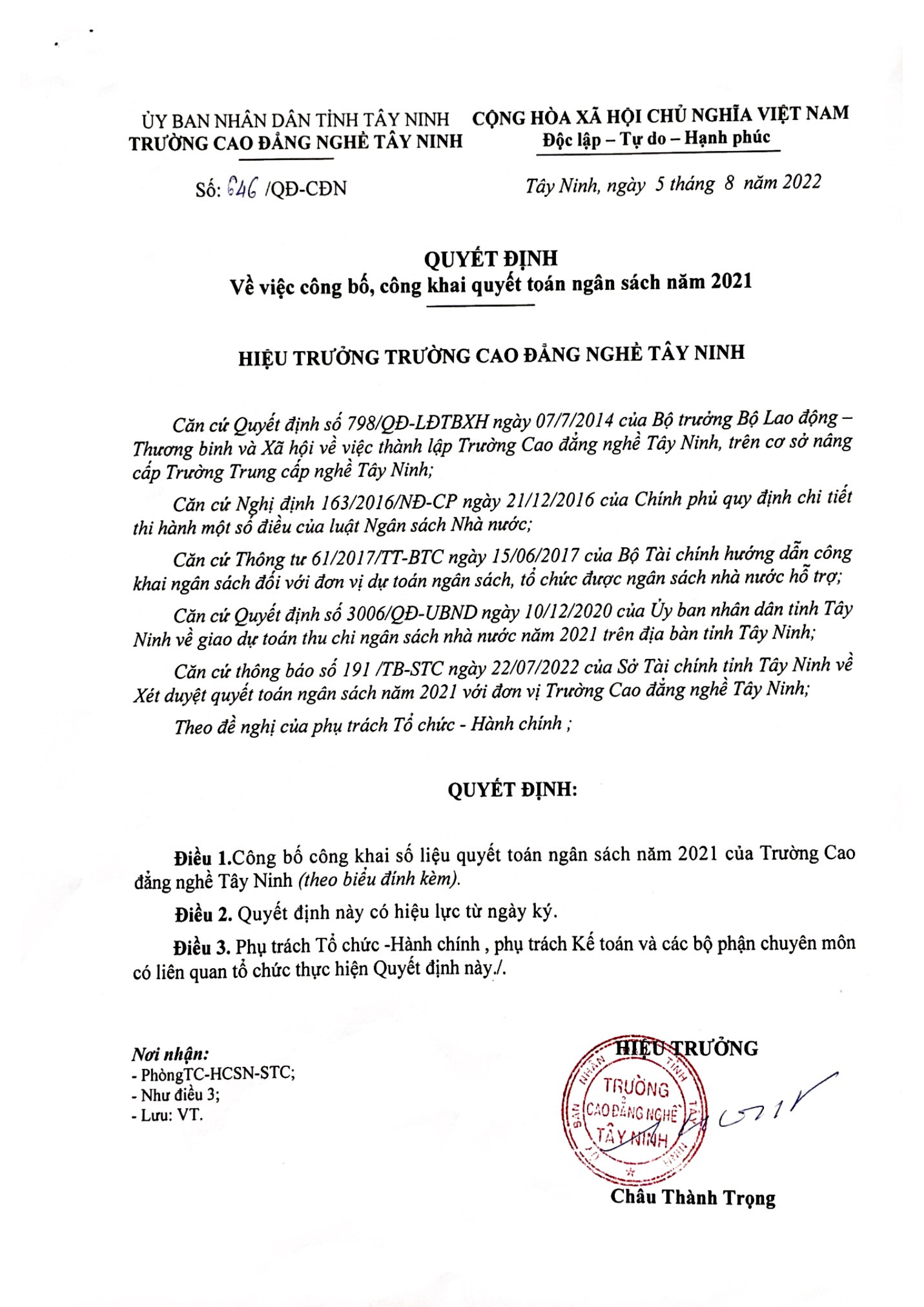 Quyết định Về việc công bố, công khai quyết toán ngân sách năm 2021 của Trường Cao đẳng nghề Tây Ninh