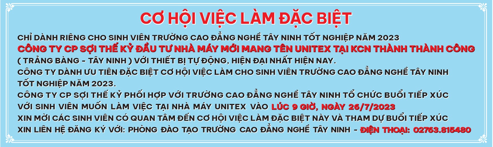 Cơ hội việc làm đặc biệt tại Cty CP Sợi Thế Kỷ