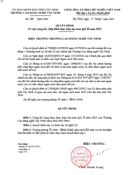 Quyết định VV công bố, công khai thực hiện dự toán Quý II năm 2023