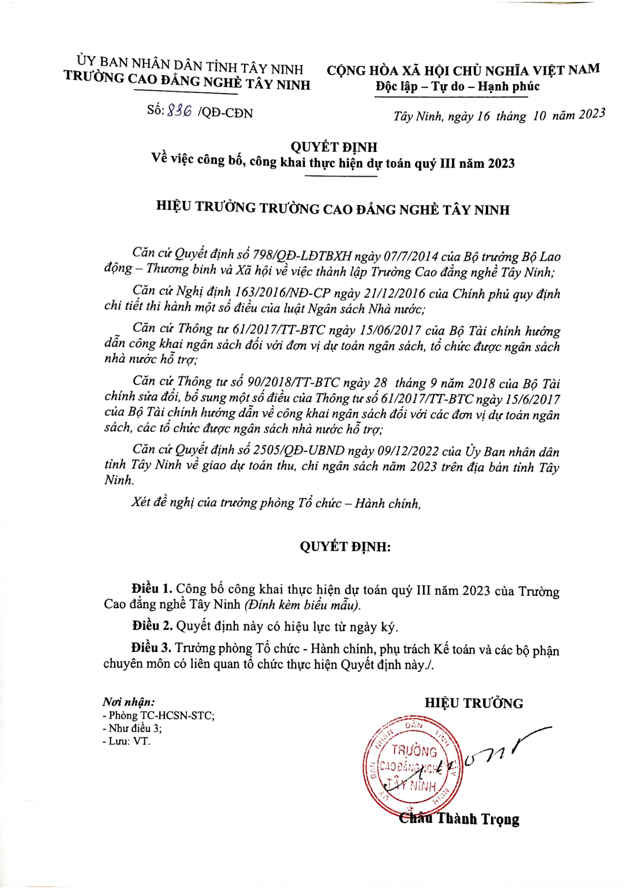 Quyết định VV công bố, công khai thực hiện dự toán Quý III năm 2023