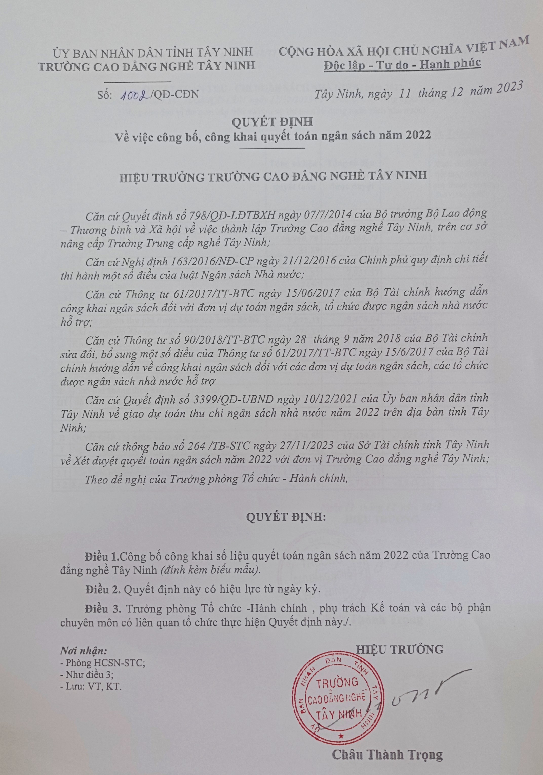 Quyết định Về việc công bố, công khai quyết toán ngân sách năm 2022 của Trường Cao đẳng nghề Tây Ninh