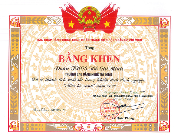 Đoàn TNCS HCM trường Cao đẳng nghề Tây Ninh nhận Bằng khen BCH TW ĐTNCSHCM có thành tích xuất sắc trong Chiến dịch Tình nguyện "Mùa hè xanh" năm 2020