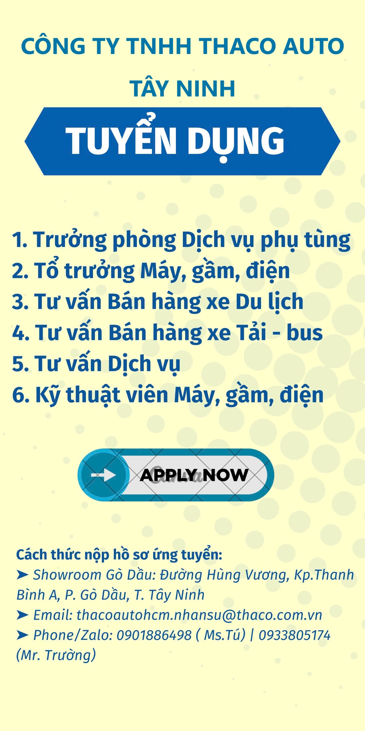 Cty TNHH THACO AUTO Tây Ninh - Tuyển dụng